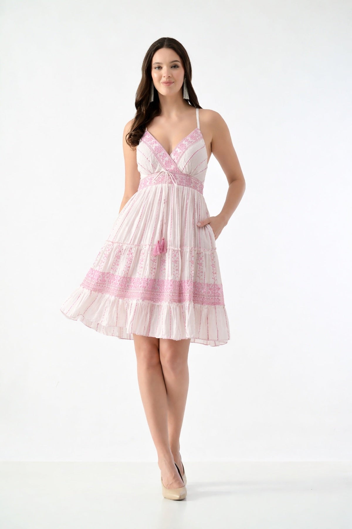 26469 Embroidered V-Neck Rayon Mini Dress with Adjustable Tie Waist - Advance Apparels Inc