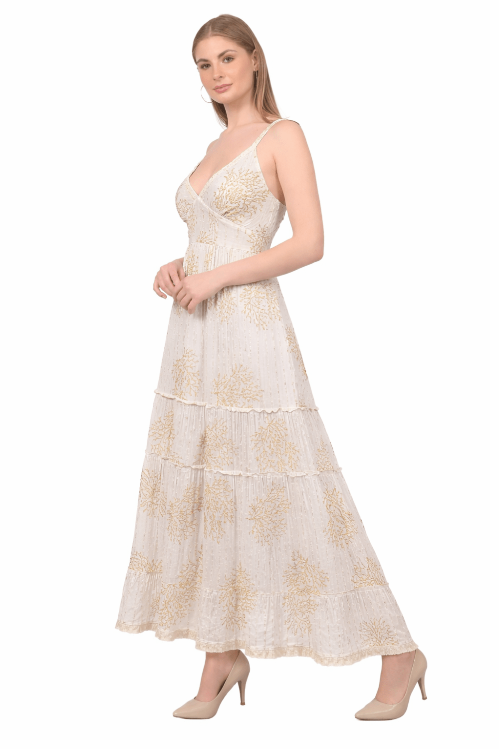 26475 Maxi Dress with Black Coral Print – Tiered Summer Boho Dress - Advance Apparels Inc