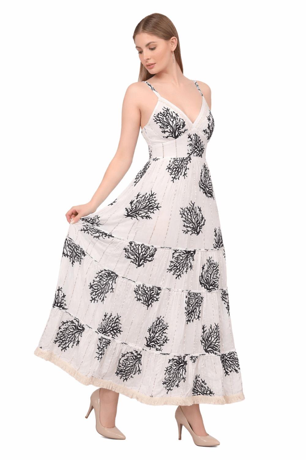 26475 Maxi Dress with Black Coral Print – Tiered Summer Boho Dress - Advance Apparels Inc