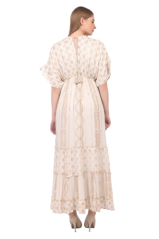 26477 Boho V-Neck Maxi Dress with Puff Sleeves & Tiered Hem - Advance Apparels Inc