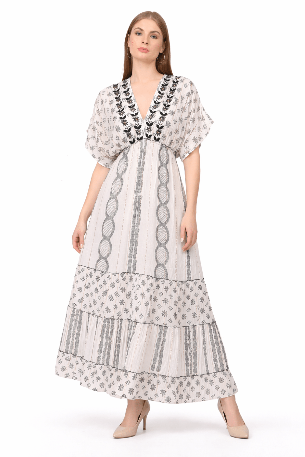26477 Boho V-Neck Maxi Dress with Puff Sleeves & Tiered Hem - Advance Apparels Inc