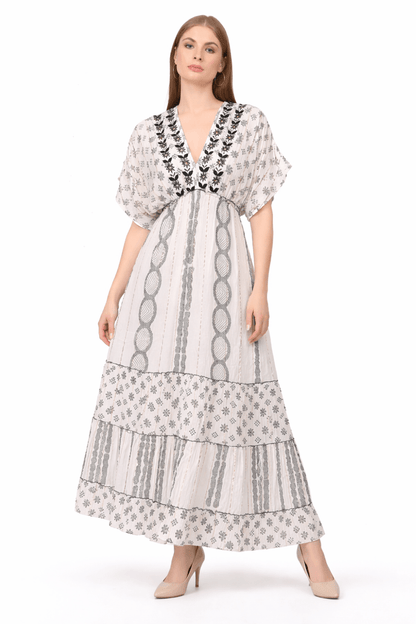 26477 Boho V-Neck Maxi Dress with Puff Sleeves & Tiered Hem - Advance Apparels Inc