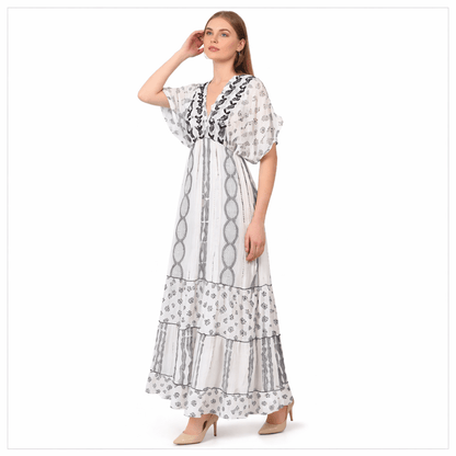 26477 Boho V-Neck Maxi Dress with Puff Sleeves & Tiered Hem - Advance Apparels Inc