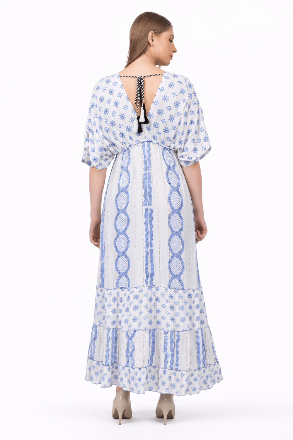 26477 Boho V-Neck Maxi Dress with Puff Sleeves & Tiered Hem - Advance Apparels Inc