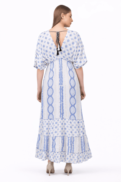 26477 Boho V-Neck Maxi Dress with Puff Sleeves & Tiered Hem - Advance Apparels Inc