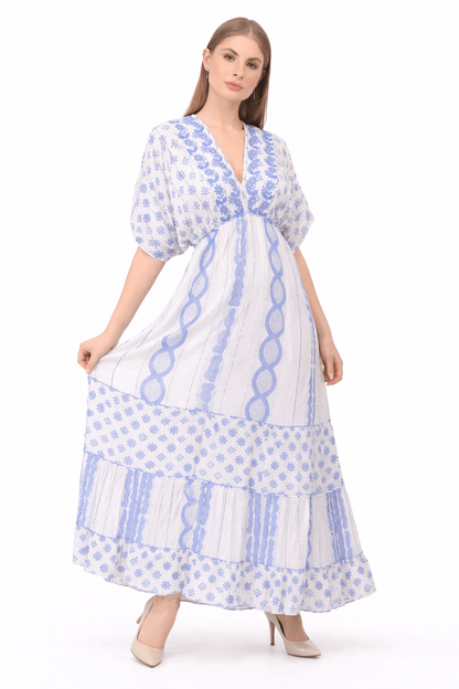 26477 Boho V-Neck Maxi Dress with Puff Sleeves & Tiered Hem - Advance Apparels Inc