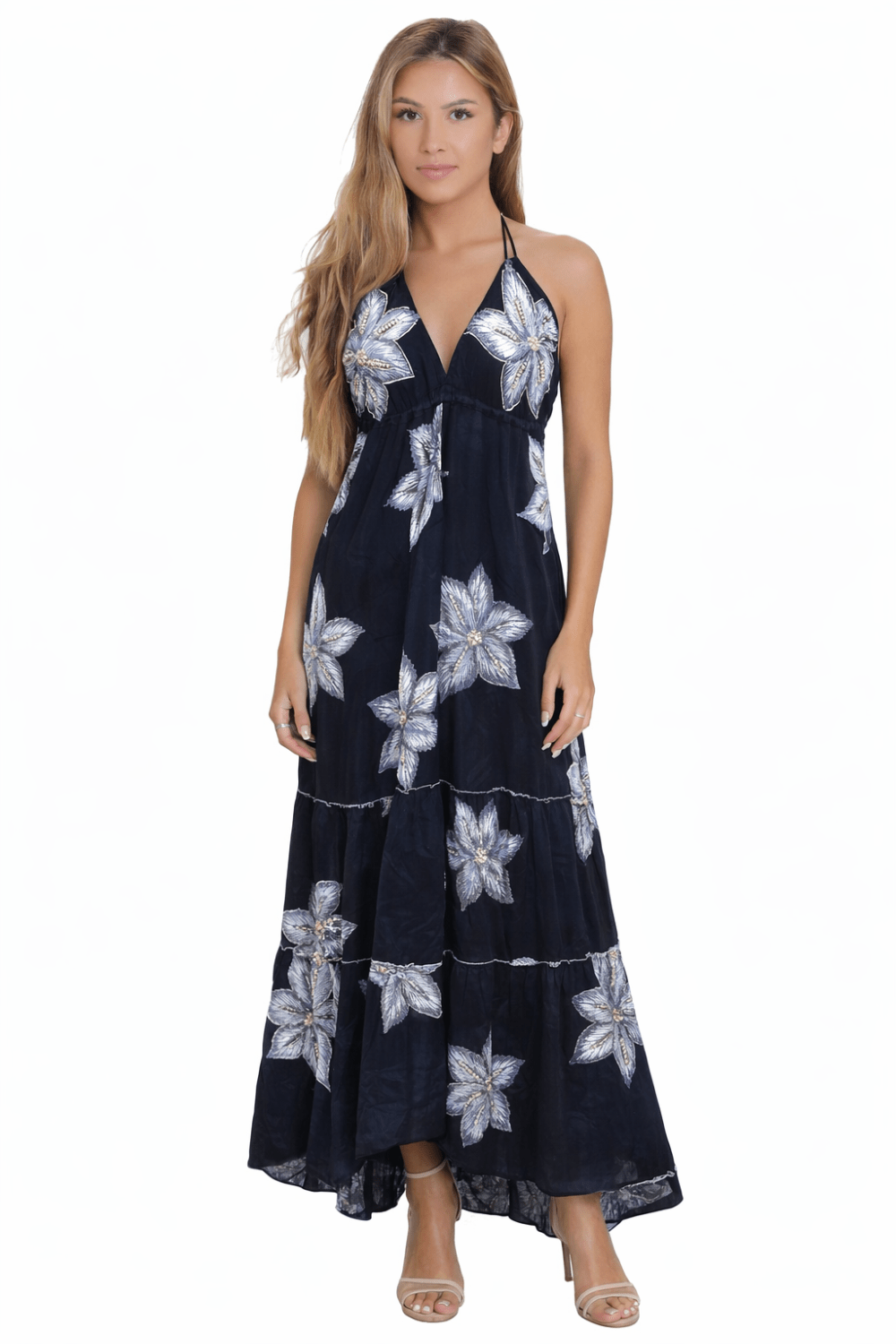 26478 Boho Halter Neck Maxi Dress with Open Back & Tassel Tie Detail – Black & white Floral Print - Advance Apparels Inc