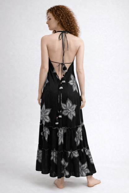 26478 Boho Halter Neck Maxi Dress with Open Back & Tassel Tie Detail – Black & white Floral Print - Advance Apparels Inc