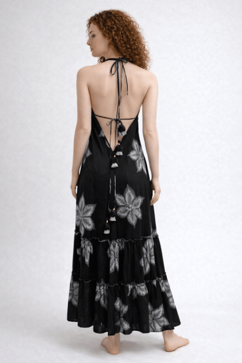 26478 Boho Halter Neck Maxi Dress with Open Back & Tassel Tie Detail – Black & white Floral Print - Advance Apparels Inc
