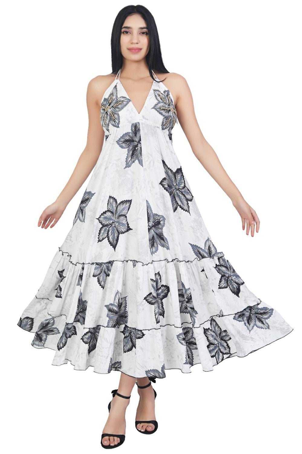 26478 Boho Halter Neck Maxi Dress with Open Back & Tassel Tie Detail – Black & white Floral Print - Advance Apparels Inc