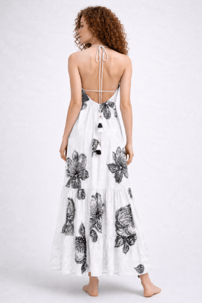 26479 Elegant Black/white Floral Halter Maxi Dress – Flowing Tiered Summer Dress - Advance Apparels Inc