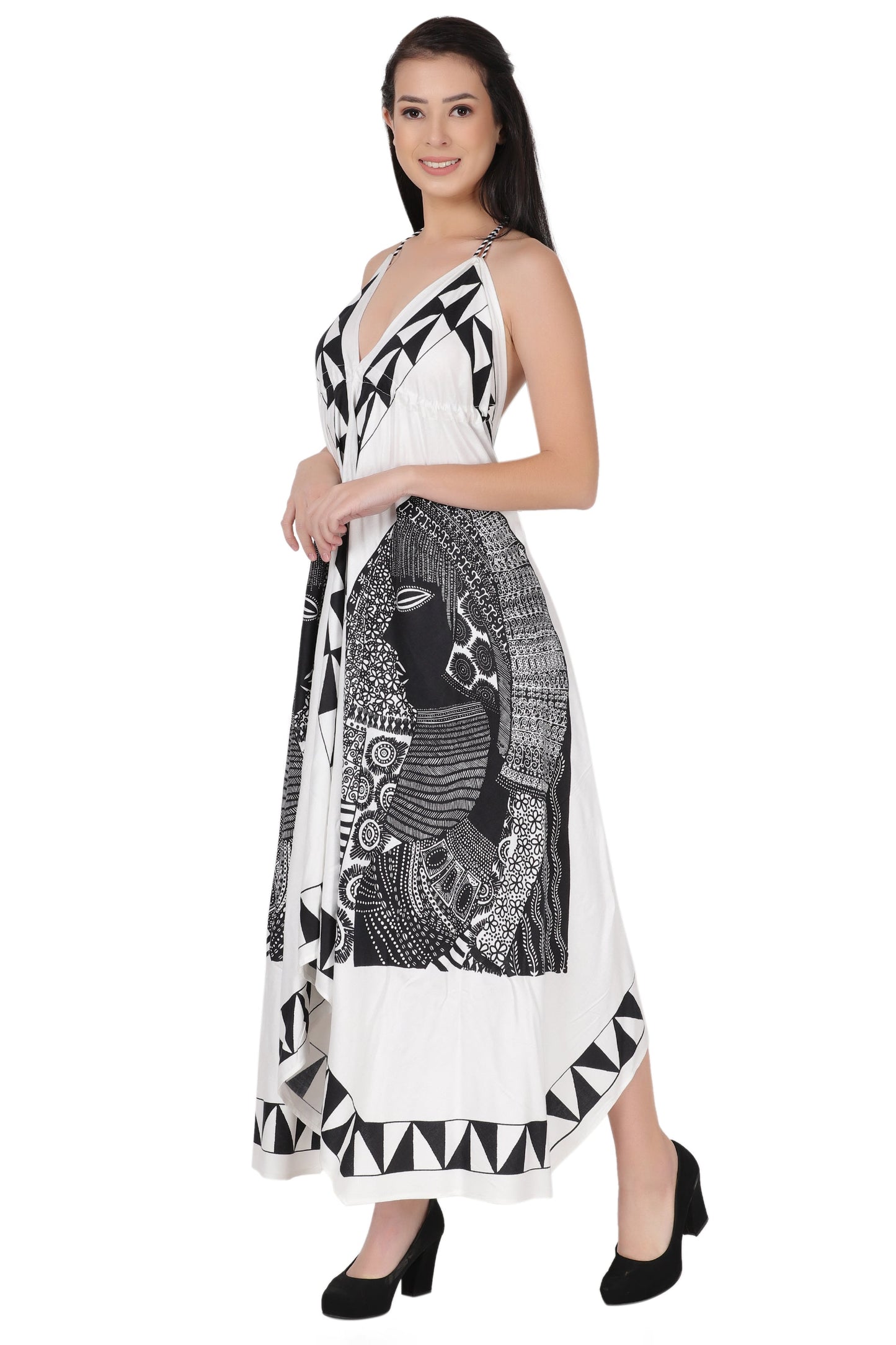Long Geometric Print Halter Dress 1950