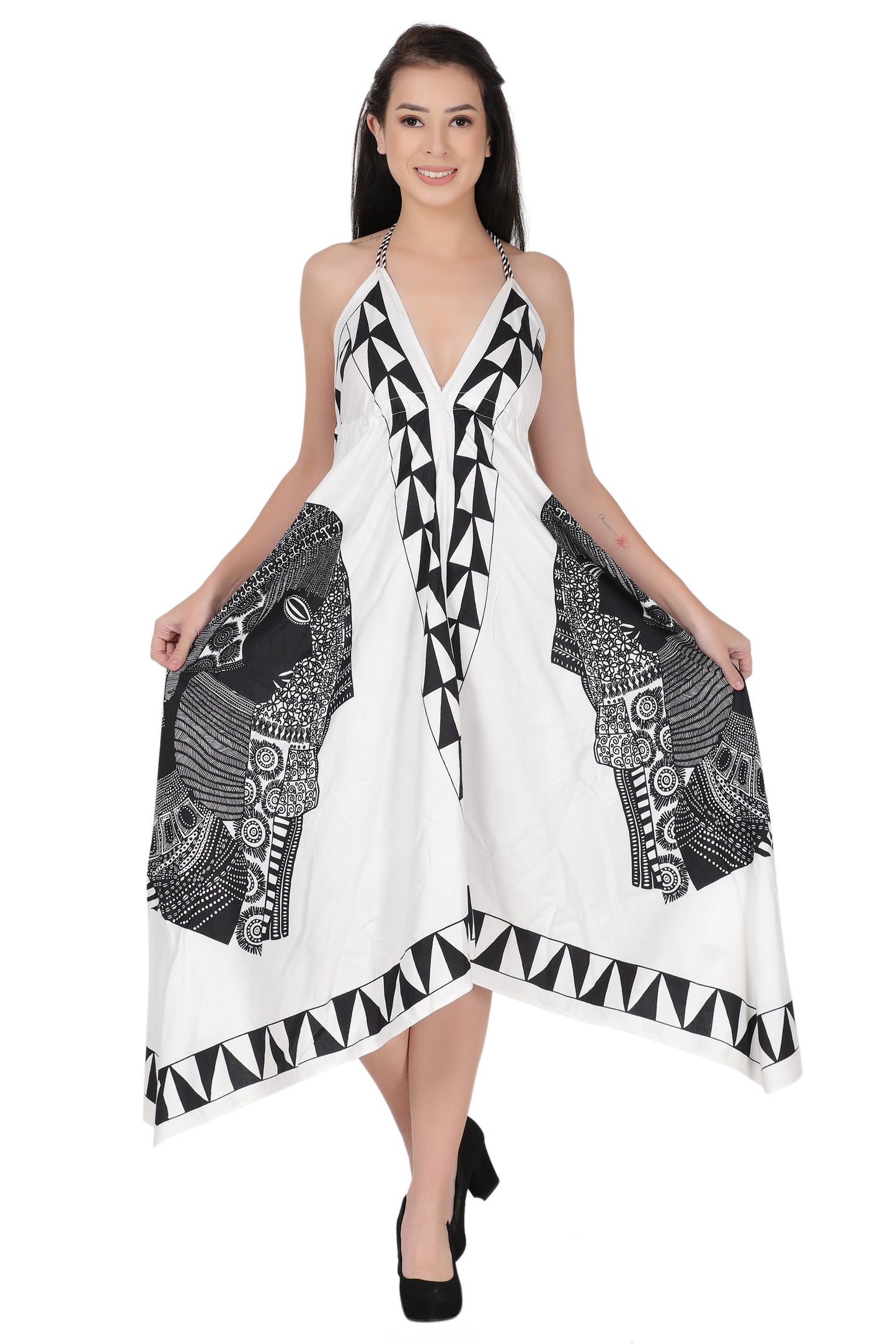 Long Geometric Print Halter Dress 1950