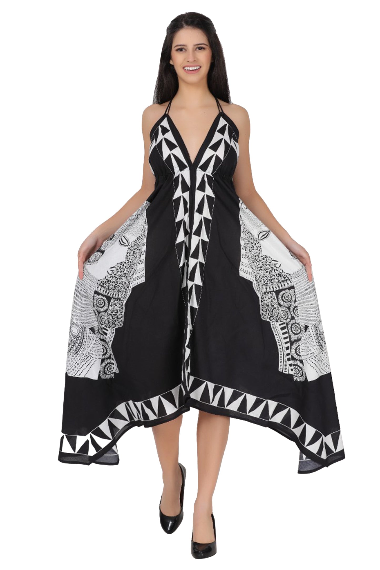 Long Geometric Print Halter Dress 1950