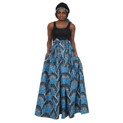 Ocean Blue African Print Long Maxi Skirt Elastic Waist 16317-80 - Advance Apparels Inc