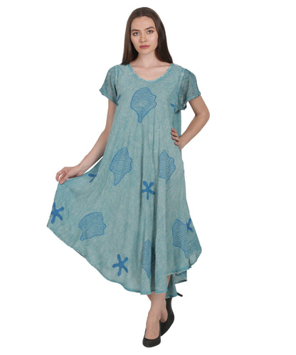 Seashells & Starfish Block Print Trapeze Dress UDS52-2437