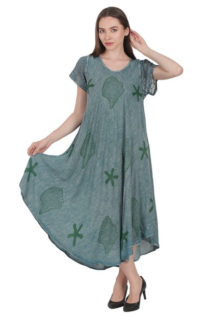 Seashells & Starfish Block Print Trapeze Dress UDS52-2437