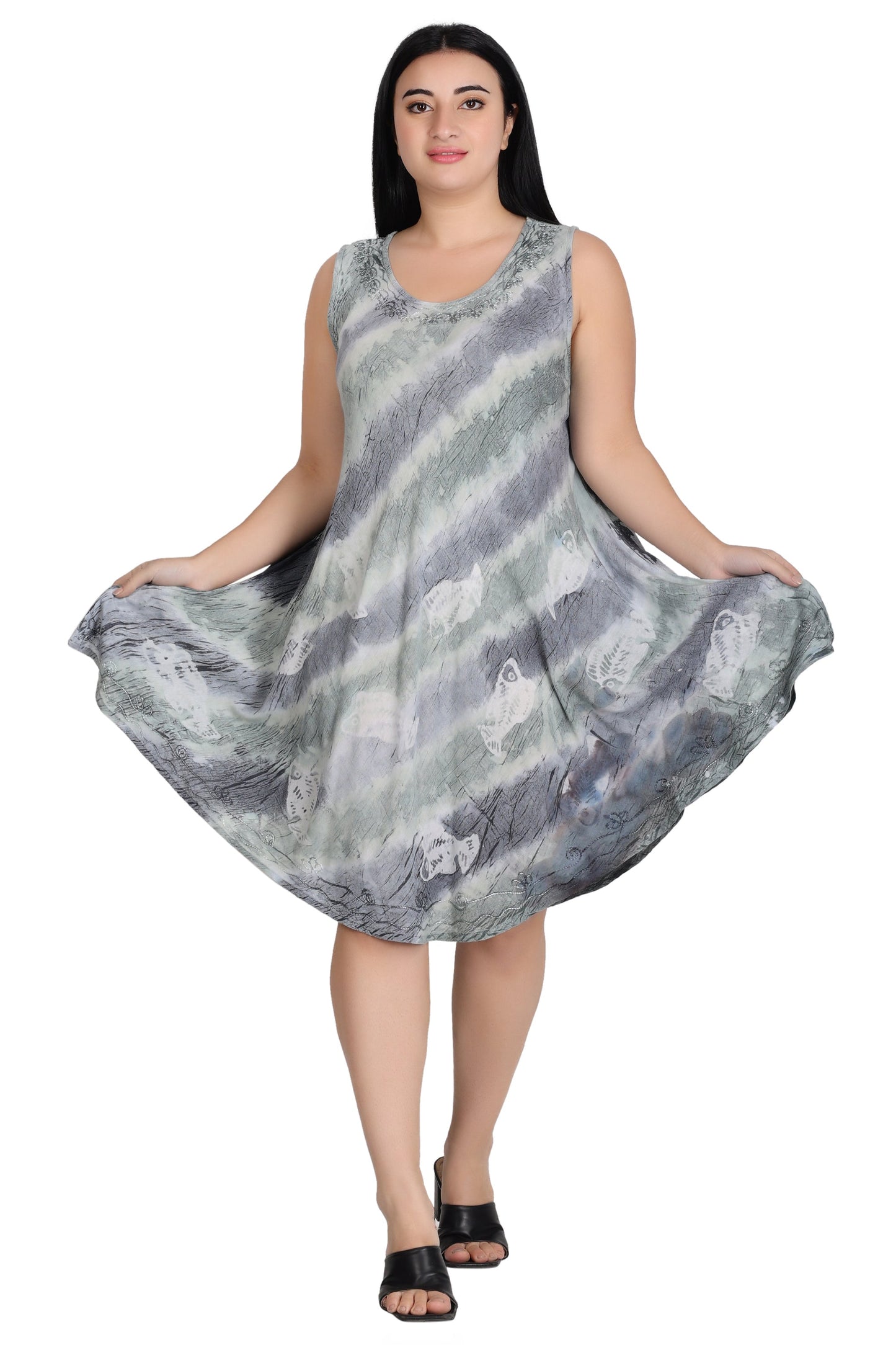 Sleeveless Fish Print Tie Dye Dress  362171R
