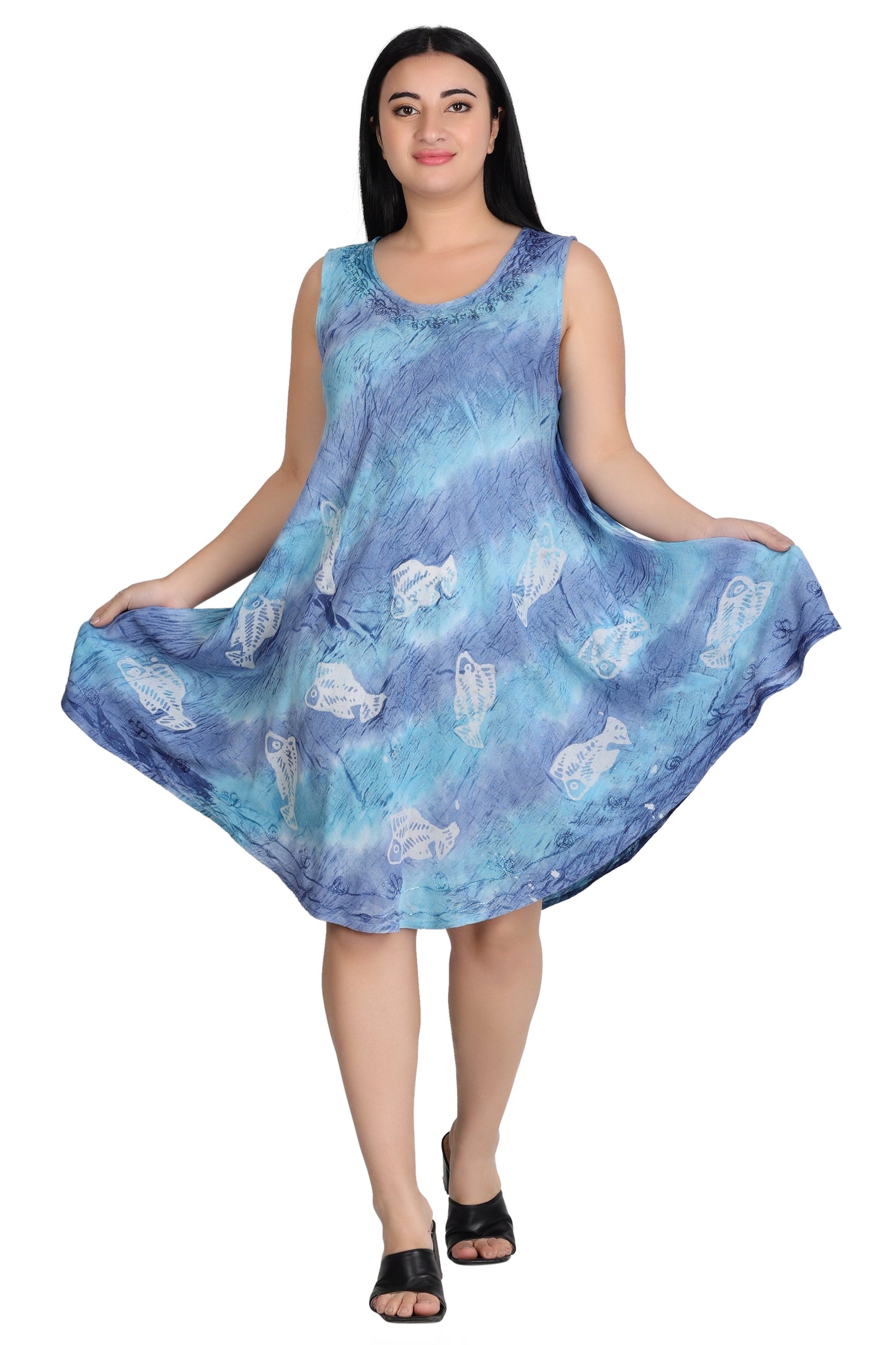 Sleeveless Fish Print Tie Dye Dress  362171R