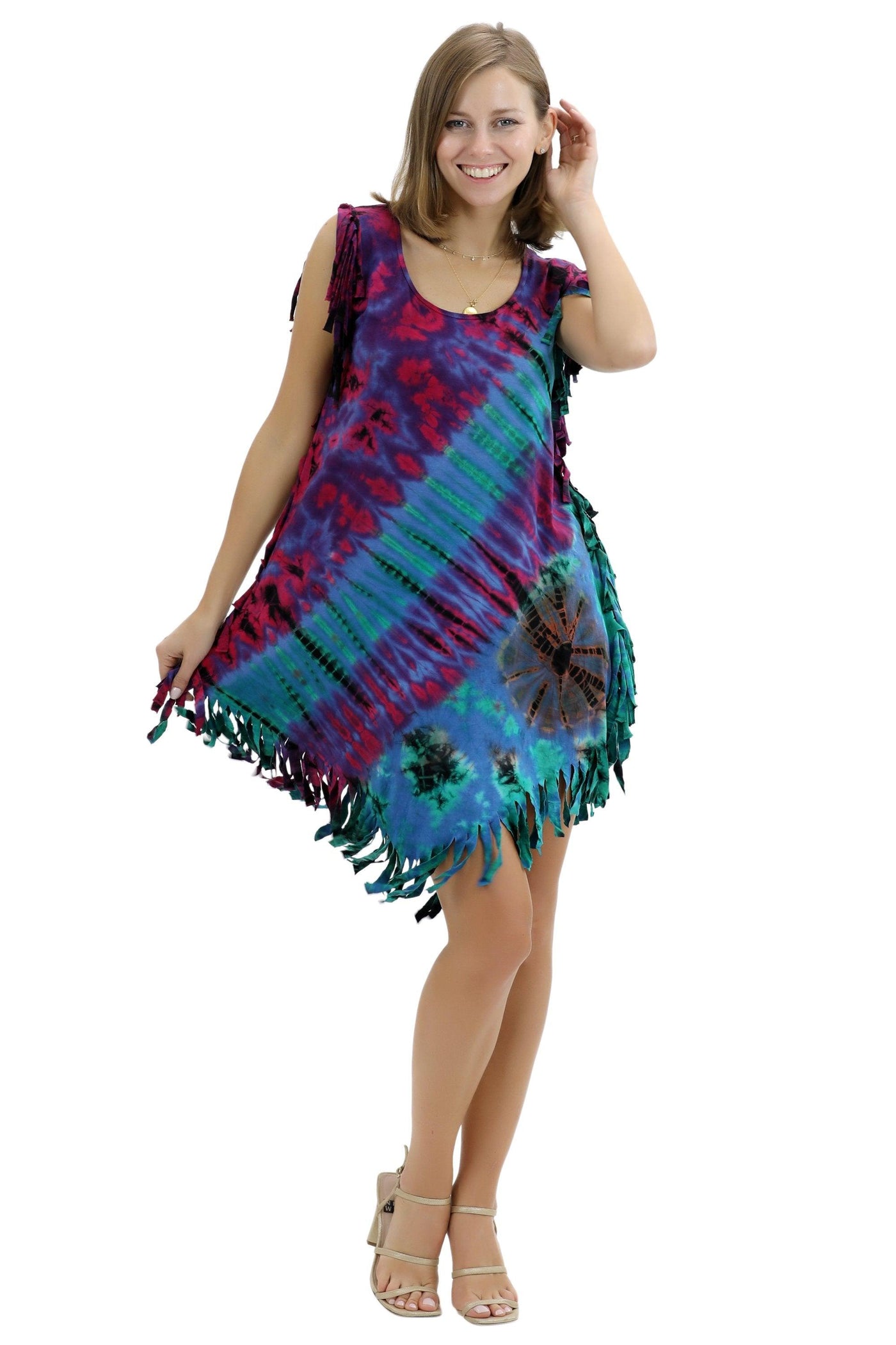Sleeveless Tie-Dye Knits Dress w/ Fringes SPD45