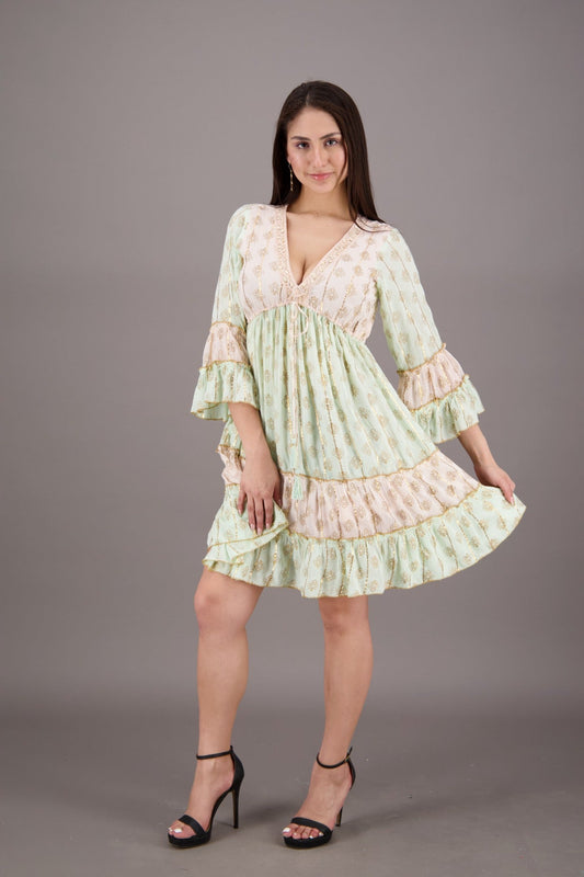 3/4 Sleeve V - Neck Boho Gleam Dress 24932 - Advance Apparels Inc