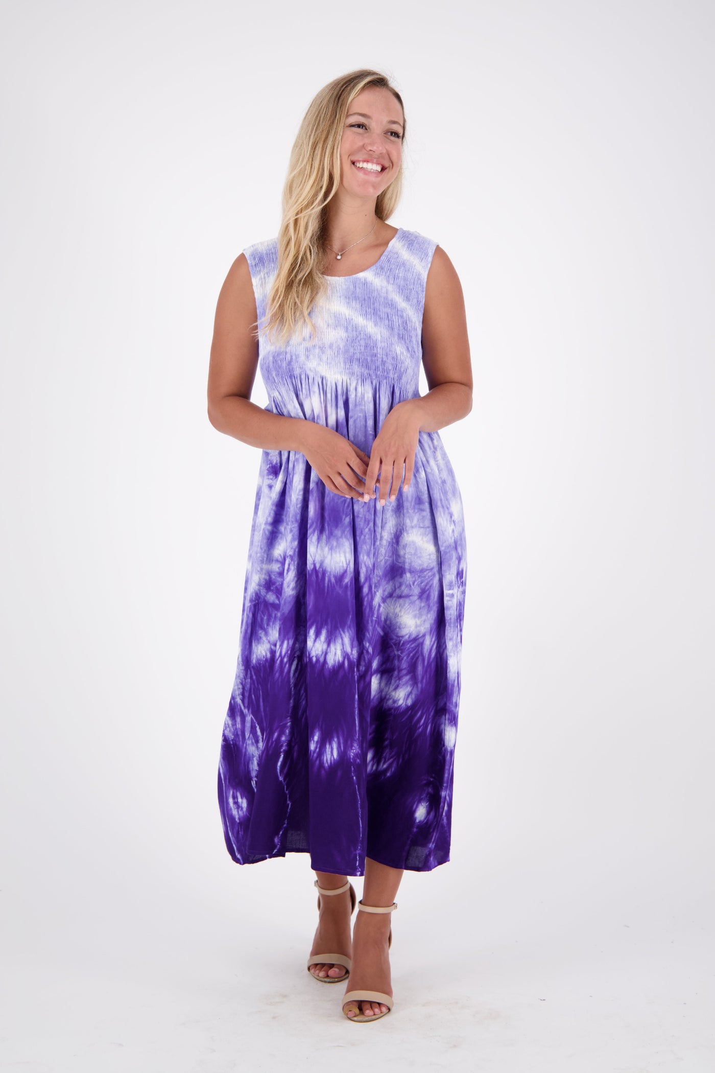 Resort Breeze Sleeveless Tie-Dye Smocked Dress 522193-EL