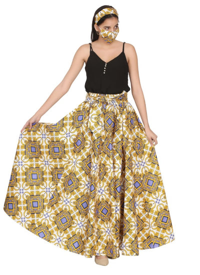 Gold African Print Wax Print Skirt One Size Fits Most Headwrap Included Elastic Waist Pockets 16317-617