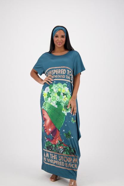 "They Whispered" Green Print Kaftan CH8859