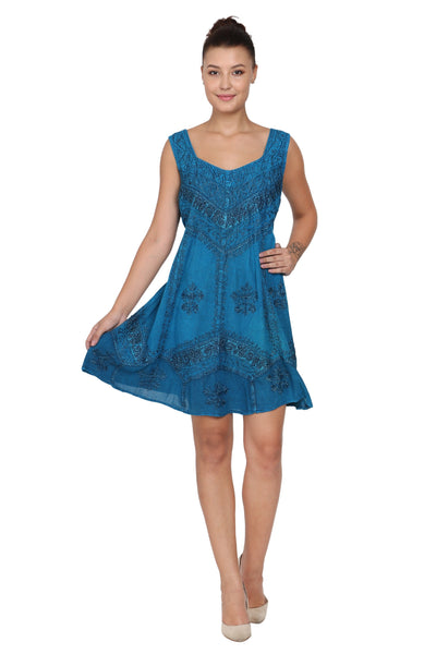 Mid-Length Sleeveless Embroidered Acid Wash Dress