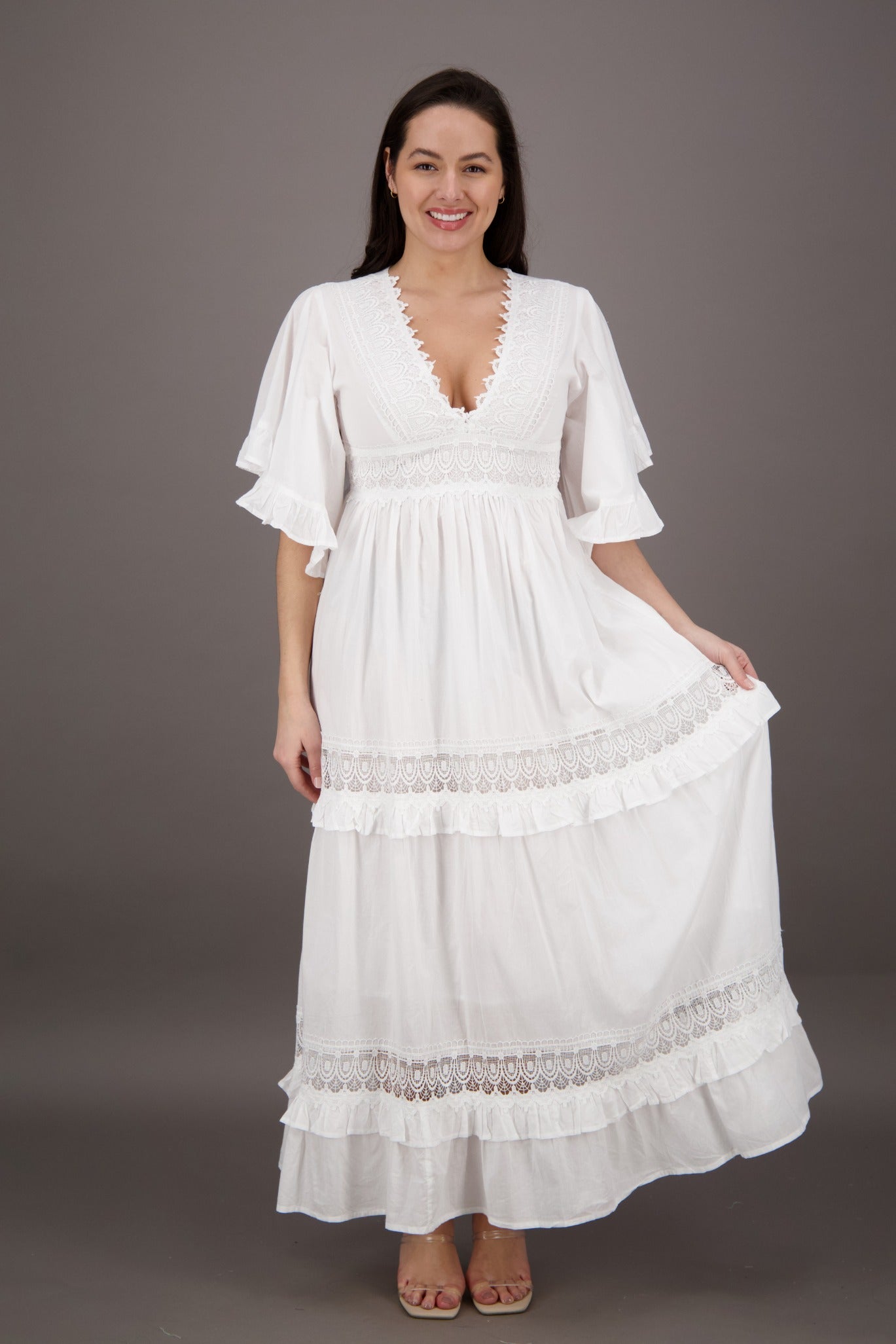 Bell Sleeves White Cotton Dress