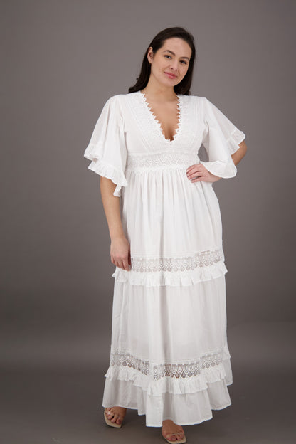 Bell Sleeves White Cotton Dress