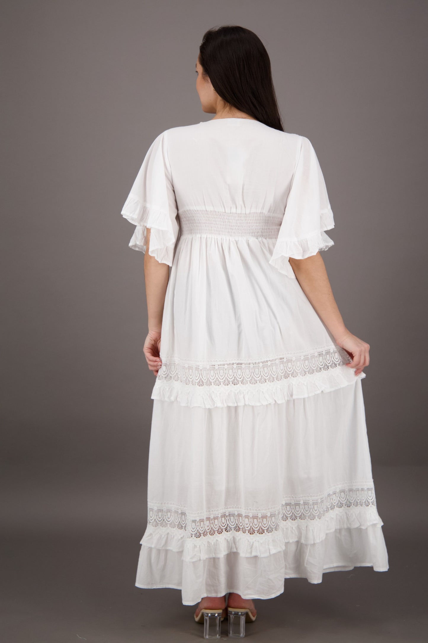 Bell Sleeves White Cotton Dress