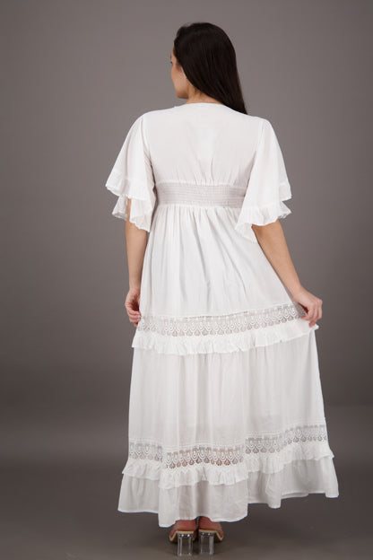 Bell Sleeves White Cotton Dress