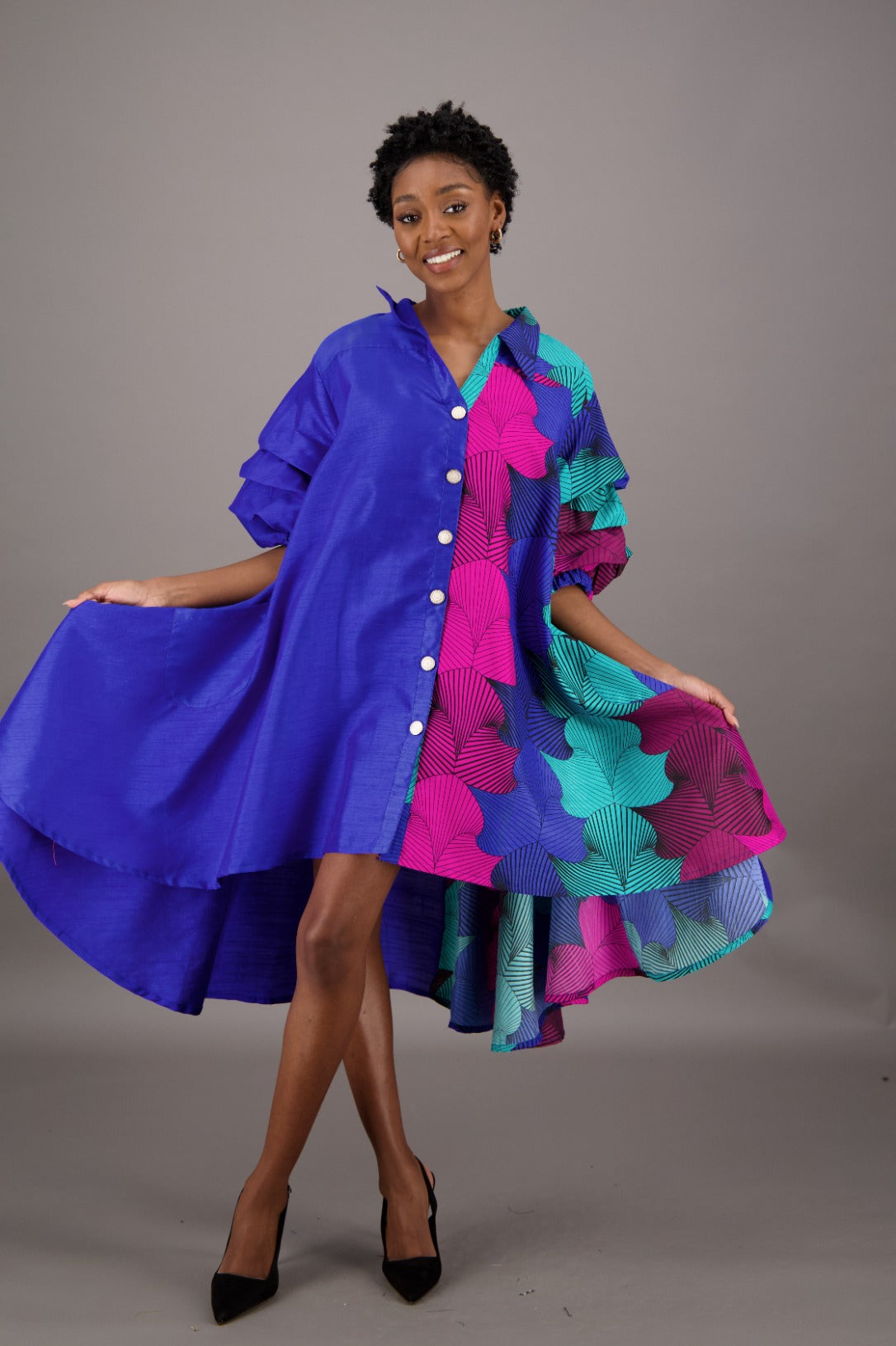 Denim / Print Panel Shirt Dress AD-25057-B081-C2 Denim / Print Panel Shirt Dress AD-25057-B081-C2
