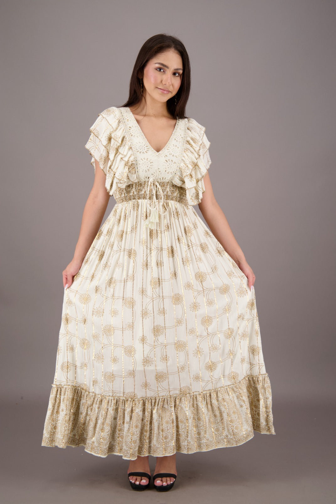 Ruffle Sleeve Boho Maxi Dress – Golden Floral & Border Print C1 / S/M