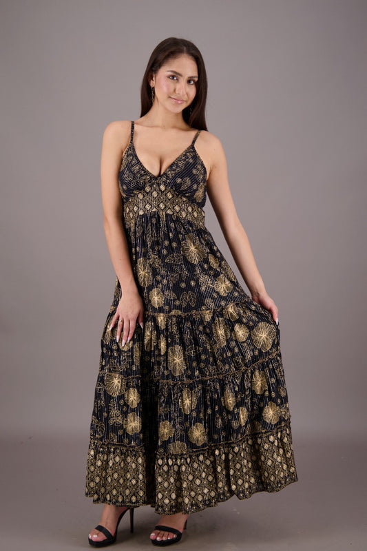 Starlit Bloom Golden Print Dress 24738