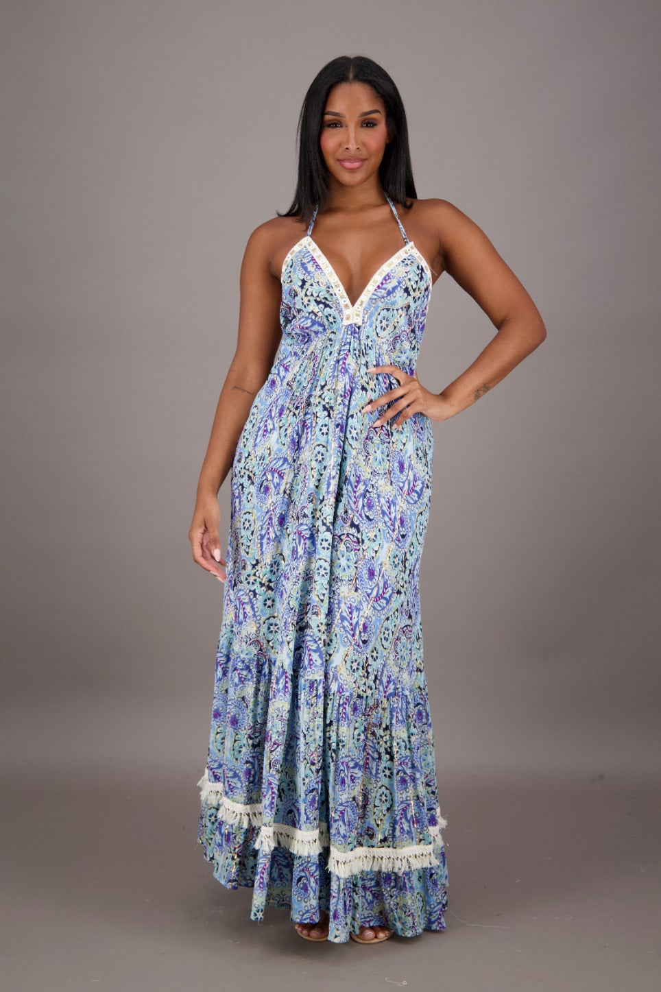 Summer Dresses - Aqua Paisley Halter Maxi for Vacations C2 / One Size Fits Most Summer Dresses - Aqua Paisley Halter Maxi for Vacations C2 / One Size Fits Most