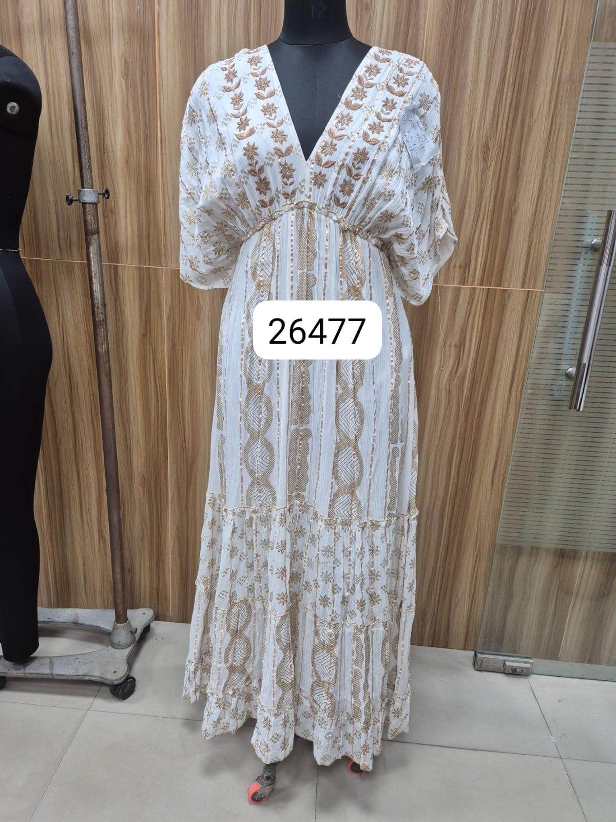 26477 Boho V-Neck Maxi Dress with Puff Sleeves & Tiered Hem