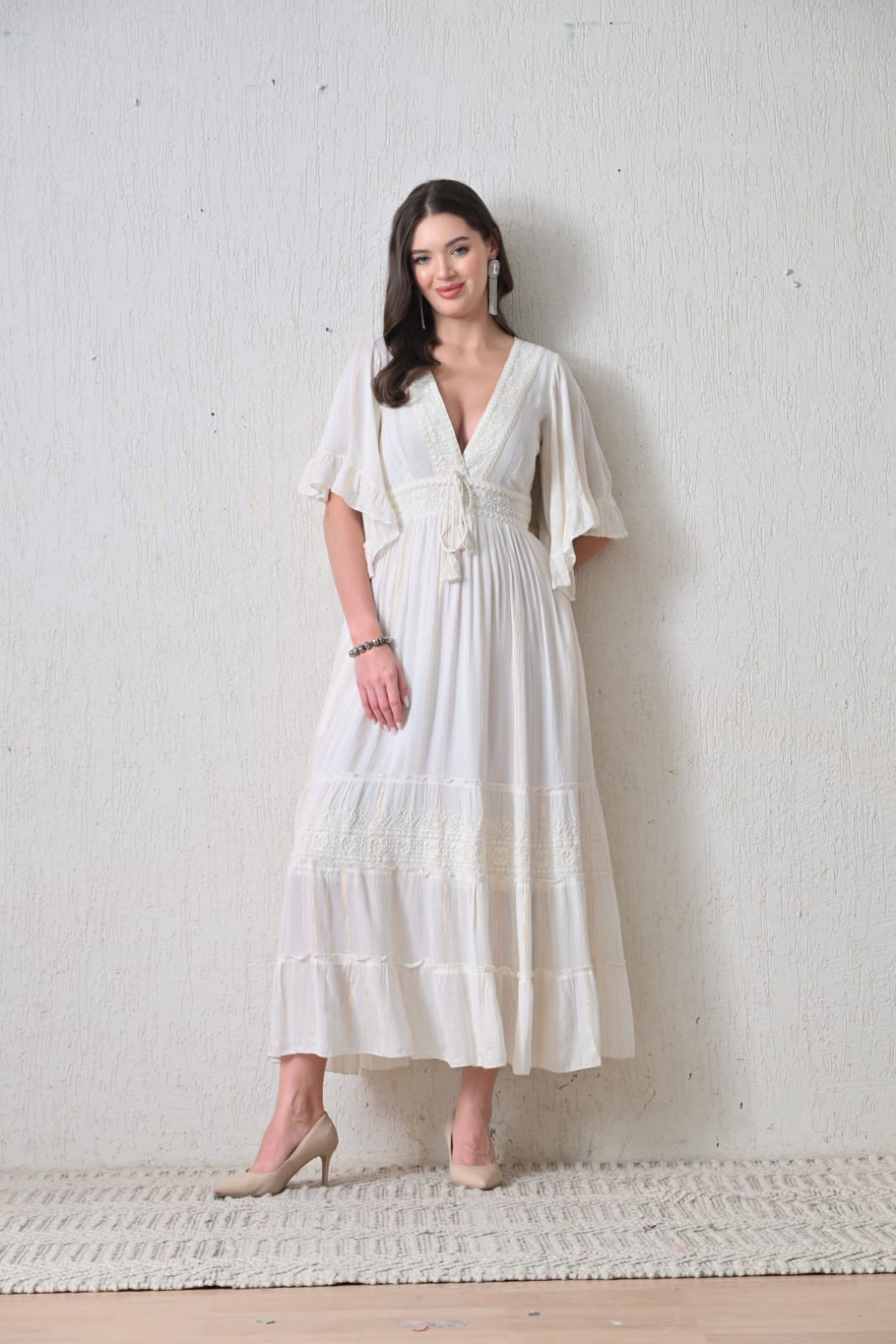 26434 Boho Embroidered Maxi Dress with Flutter Sleeves – V-Neck Tassel Tie Dress