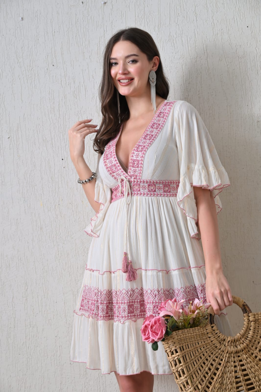26458 Women's Boho V-Neck Embroidered Midi Dress – Multi Color Embroidery