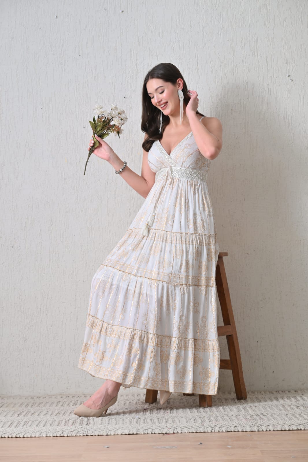 26404 Bohemian Gold Print Tiered Maxi Dress-Assorted color