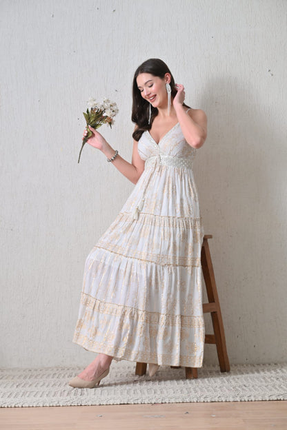 26404 Bohemian Gold Print Tiered Maxi Dress-Assorted color