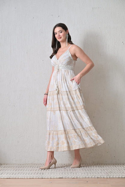 26404 Bohemian Gold Print Tiered Maxi Dress-Assorted color