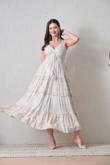 26404 Bohemian Gold Print Tiered Maxi Dress-Assorted color