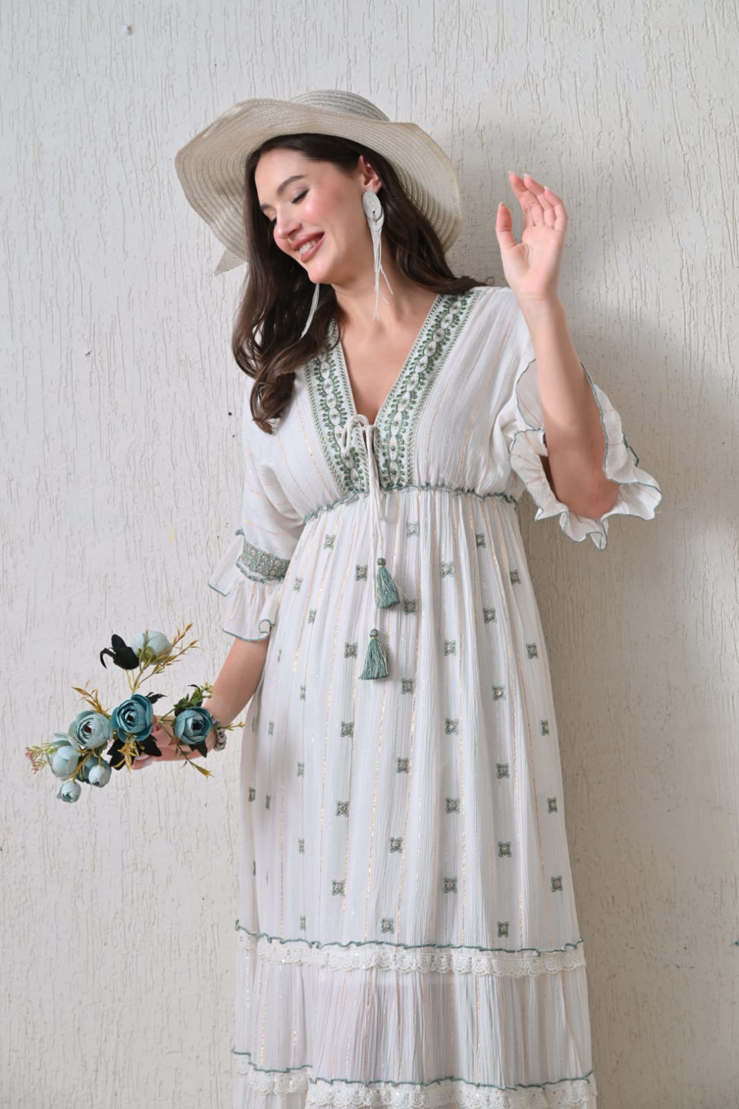 26421 Bohemian Ivory Maxi Dress with Embroidery & Tassel Detail