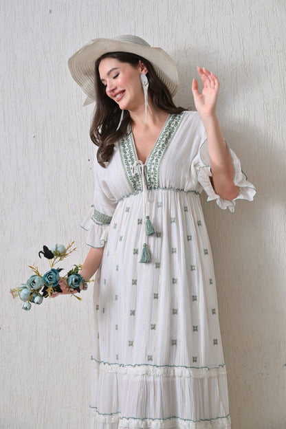 26421 Bohemian Ivory Maxi Dress with Embroidery & Tassel Detail