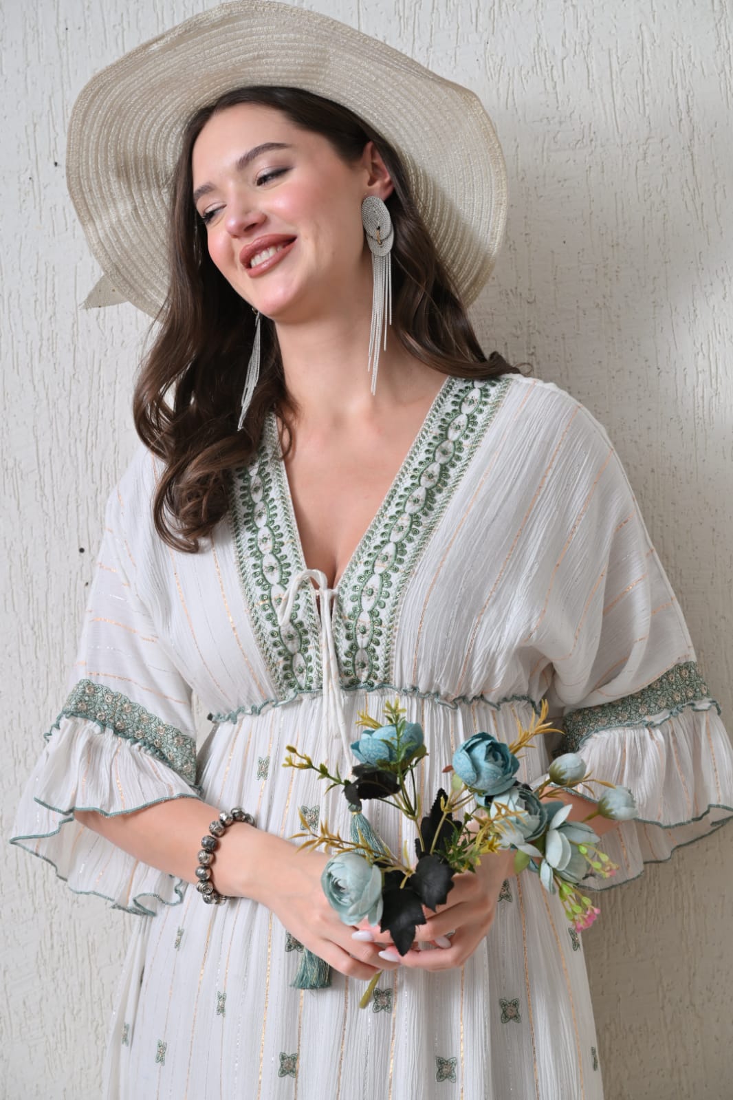 26421 Bohemian Ivory Maxi Dress with Embroidery & Tassel Detail