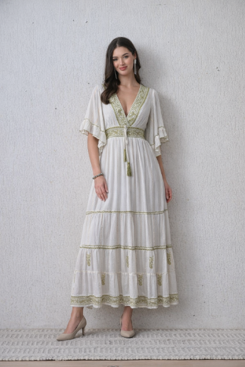 26434 Boho Embroidered Maxi Dress with Flutter Sleeves – V-Neck Tassel Tie Dress