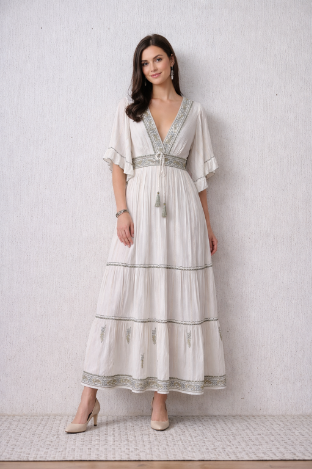 26434 Boho Embroidered Maxi Dress with Flutter Sleeves – V-Neck Tassel Tie Dress