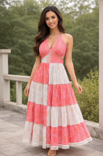 26411 Bohemian Patchwork Halter Maxi Dress – Tiered Printed Resort Dress